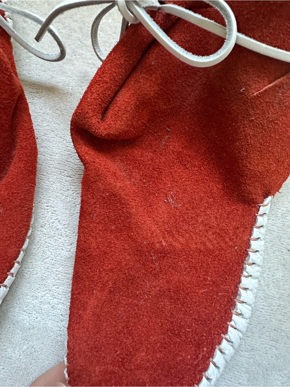 Rust Red Suede Moccasin Flats with White Lacing - Picture 2 of 13